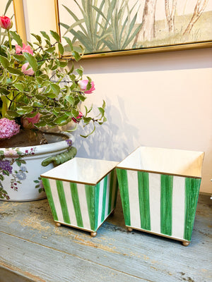 Green & Gold Striped Planters (Set of 2)