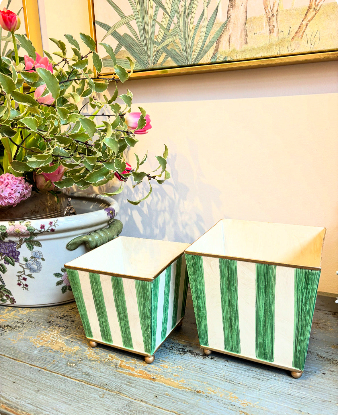 Green & Gold Striped Planters (Set of 2)